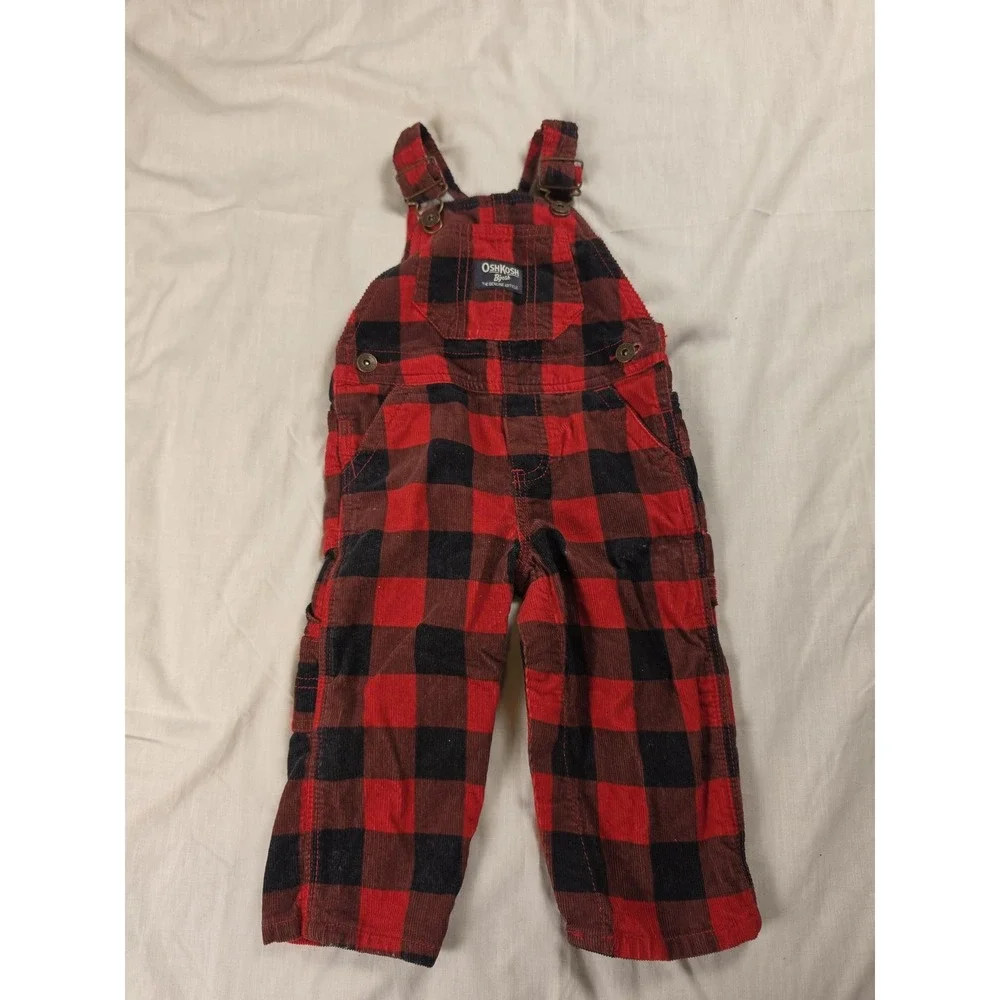 OshKosh B'gosh Overalls Baby Boys 12M Red Buffalo Plaid Corduroy 424-305